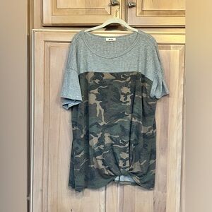 Mixed media tunic top Camo/Grey waffle 2X